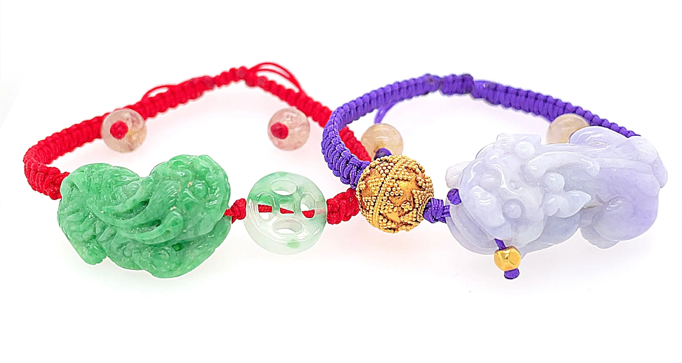 24kt YG Hand Granulated Bead Paired w/ Burmese Lavender Jadeite Pei Yao/Pixiu & Rutilated Quartz Bracelet