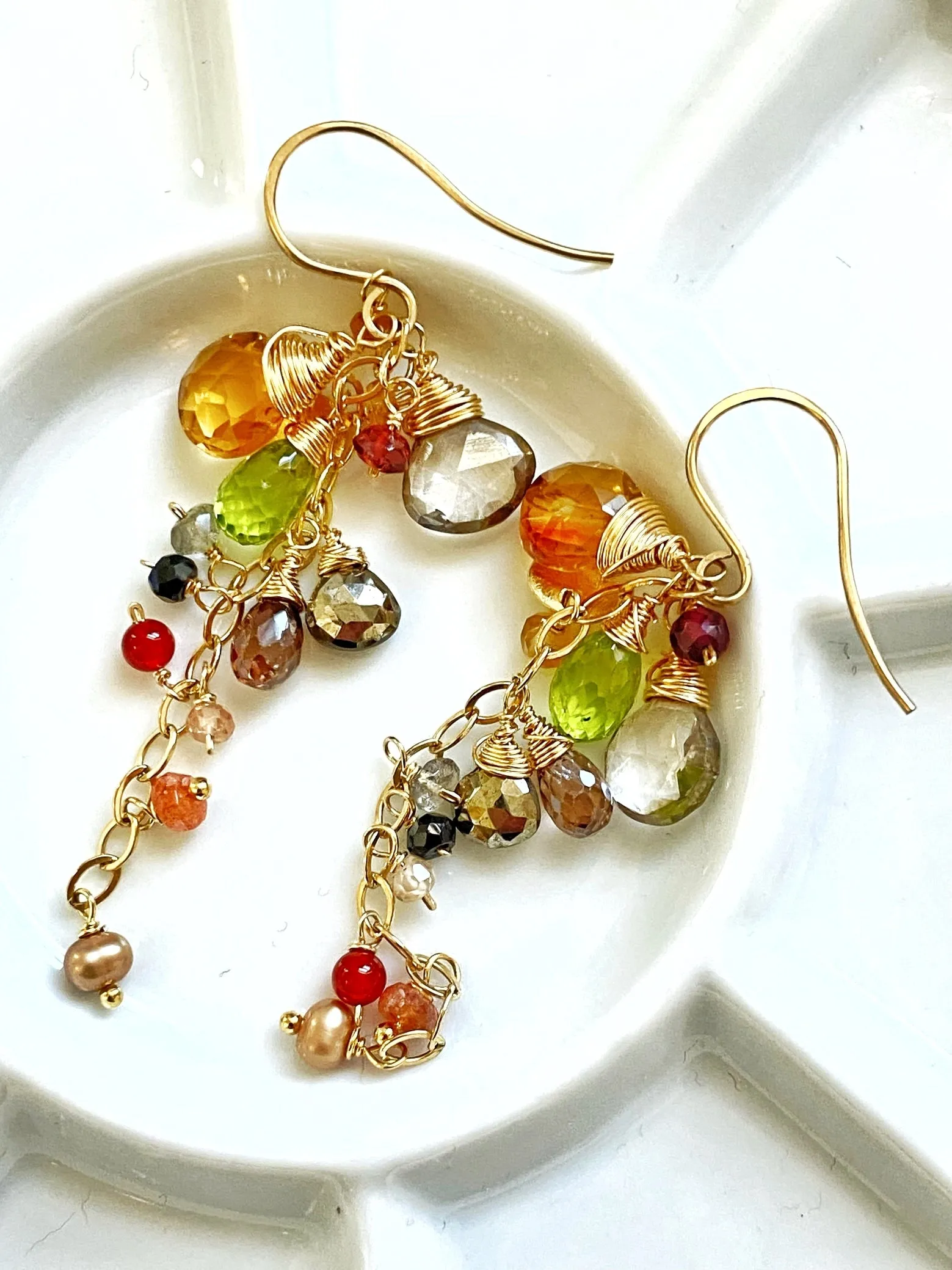 Citrine and Multi Gem Stone Dangle Earrings, Gold Chain Tassel with Peridot
