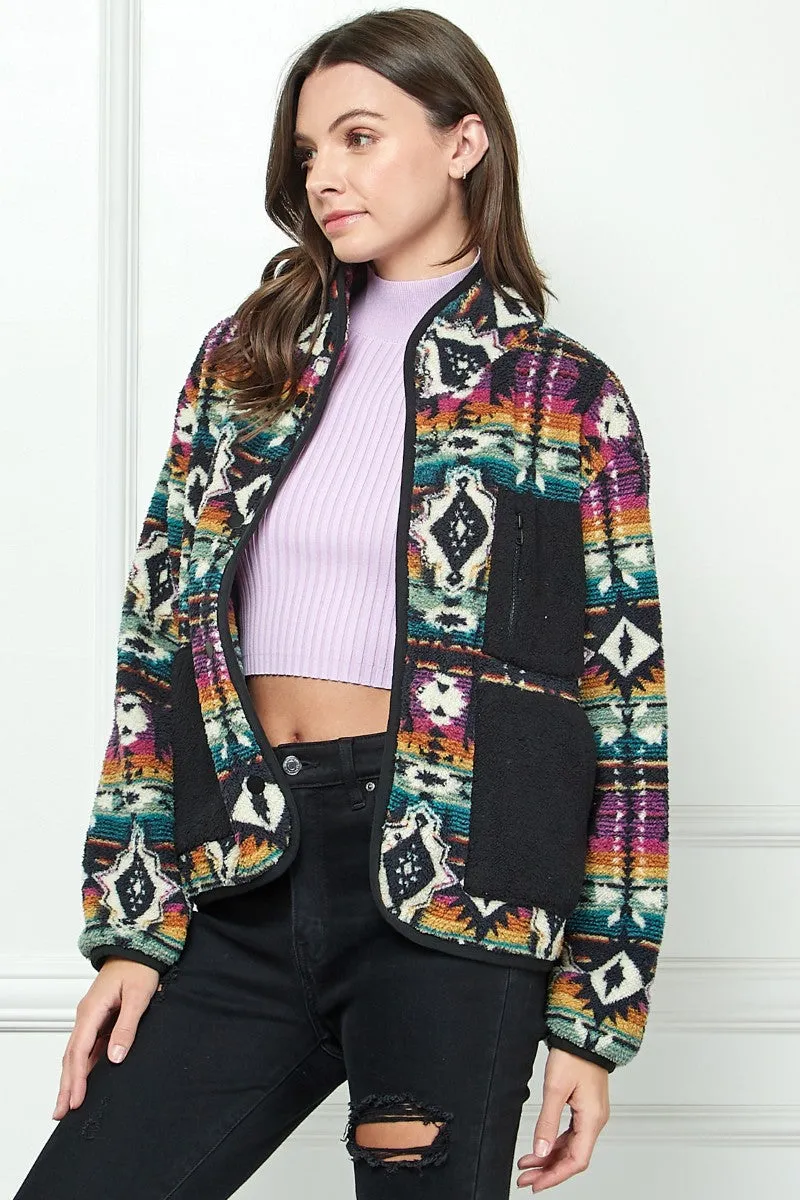 Contrast Pocket Printed Fleece Jacket