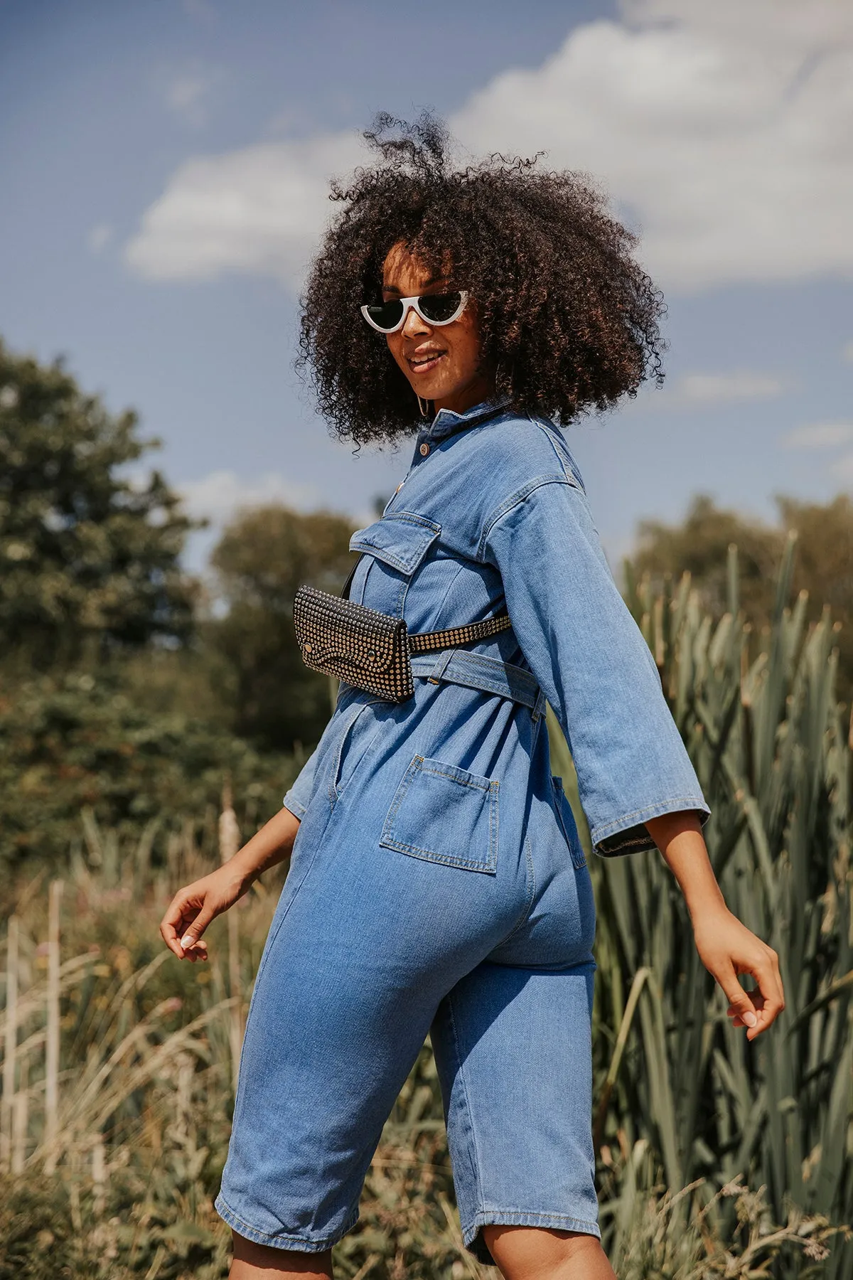 Cropped Denim Jumpsuit with Button Front and Belt