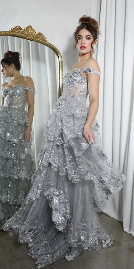 Eureka EK102 Floor Length Lace Ruffled Tier Skirt Boned Bodice Dress