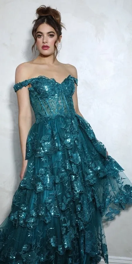 Eureka EK102 Floor Length Lace Ruffled Tier Skirt Boned Bodice Dress
