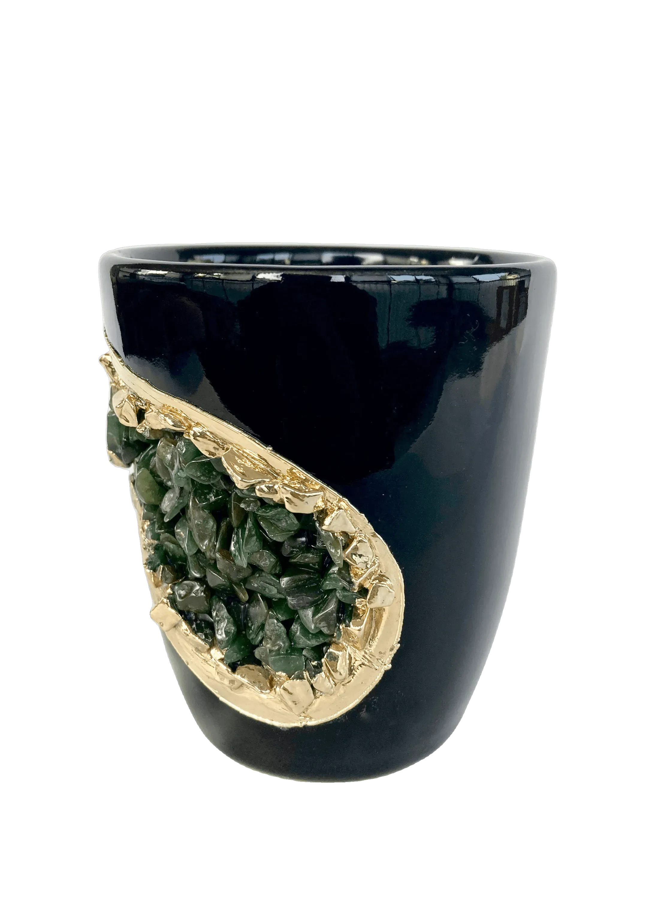 Green Quartz Marbled Black Ceramic Coffee Mug with Gold Handle - Set of 2