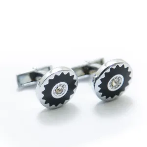 Mens Cufflinks – Stainless Steel With Black Flower – Diamond – Rounded