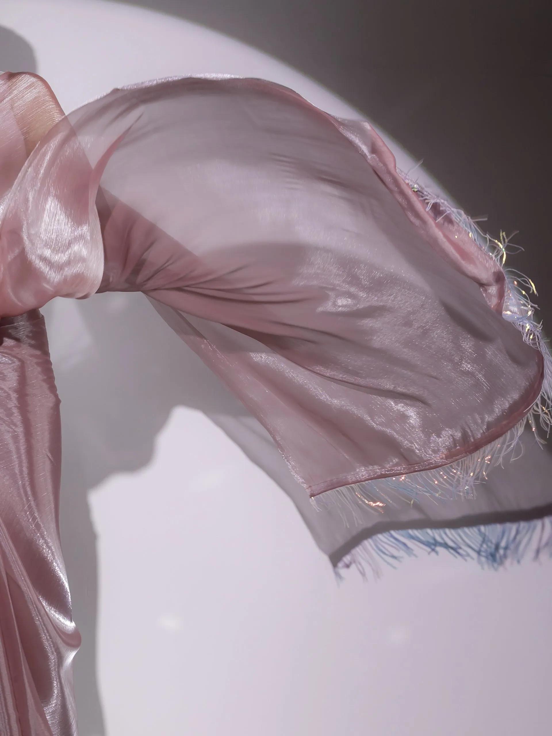 Rosy Cloud Organza Satin Saree with Long Iridescent Lace