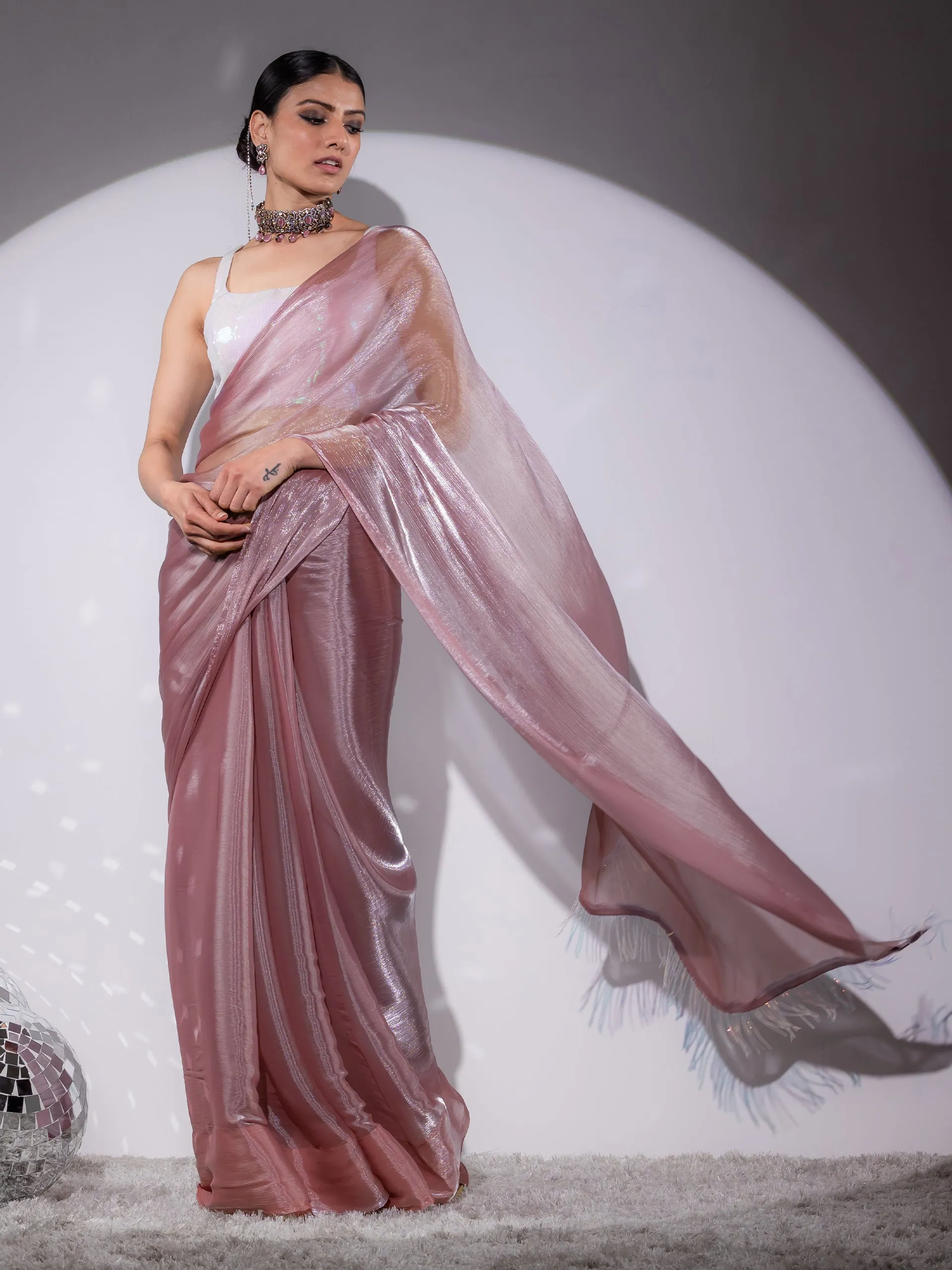 Rosy Cloud Organza Satin Saree with Long Iridescent Lace