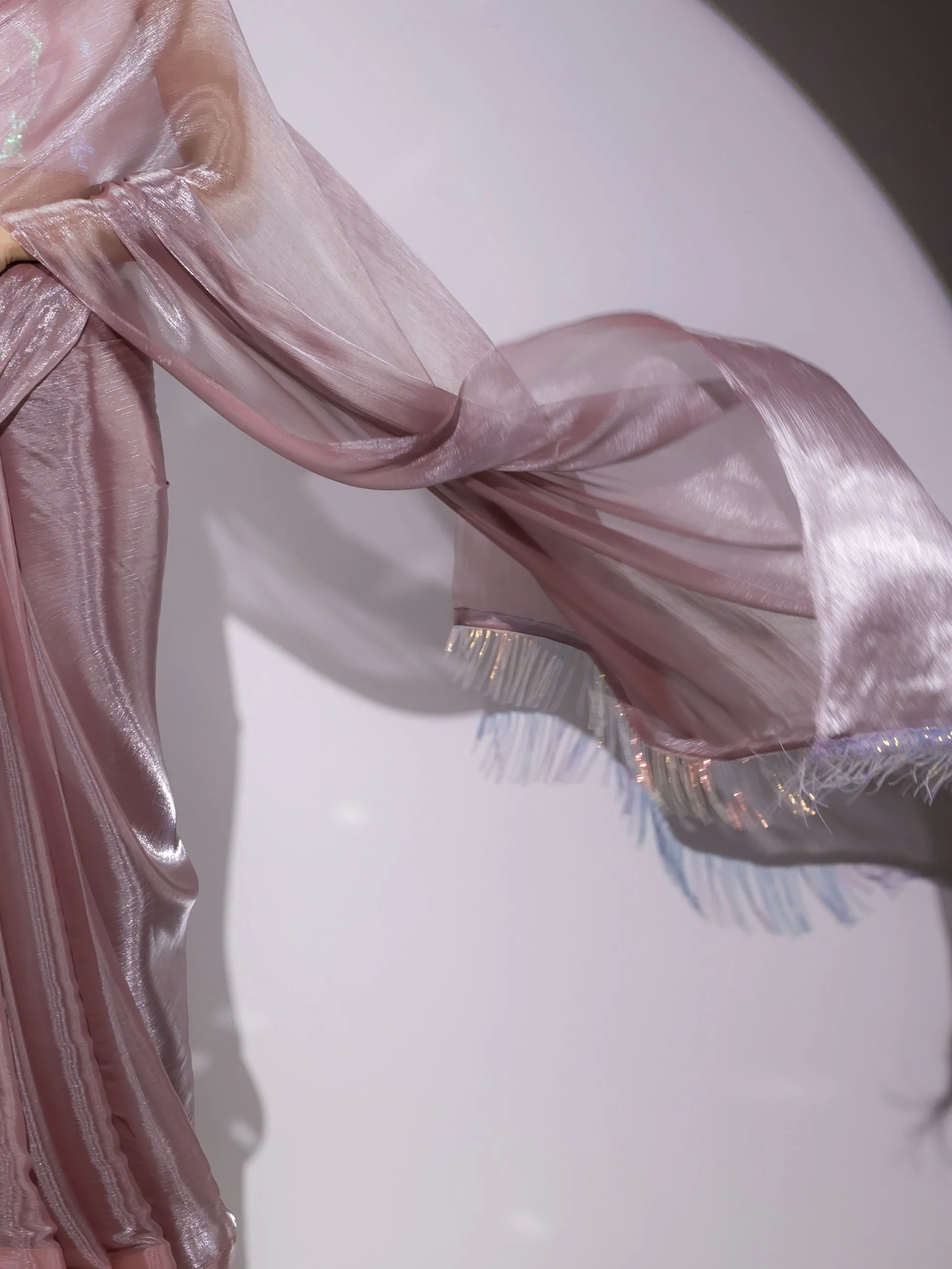 Rosy Cloud Organza Satin Saree with Long Iridescent Lace