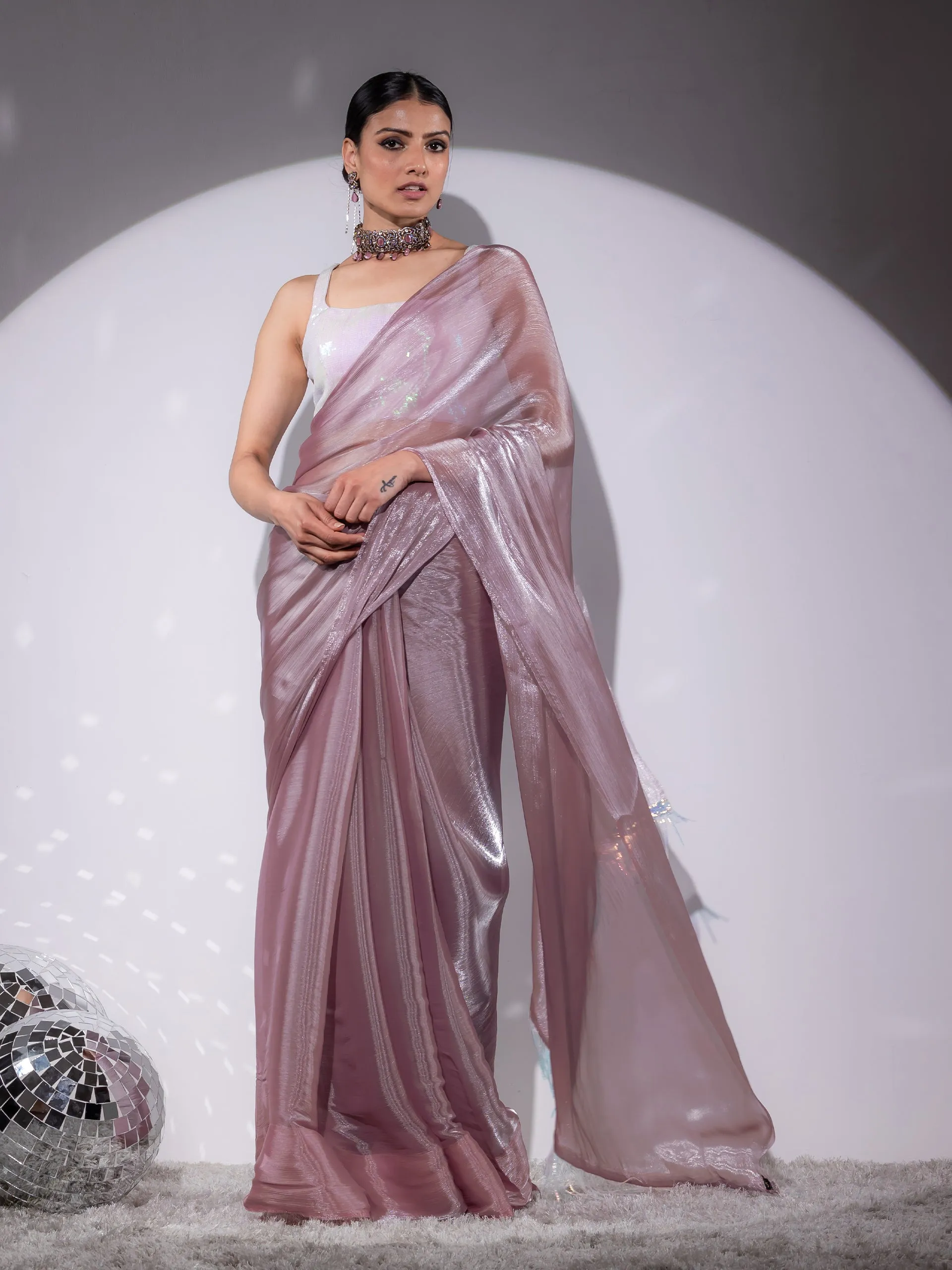 Rosy Cloud Organza Satin Saree with Long Iridescent Lace