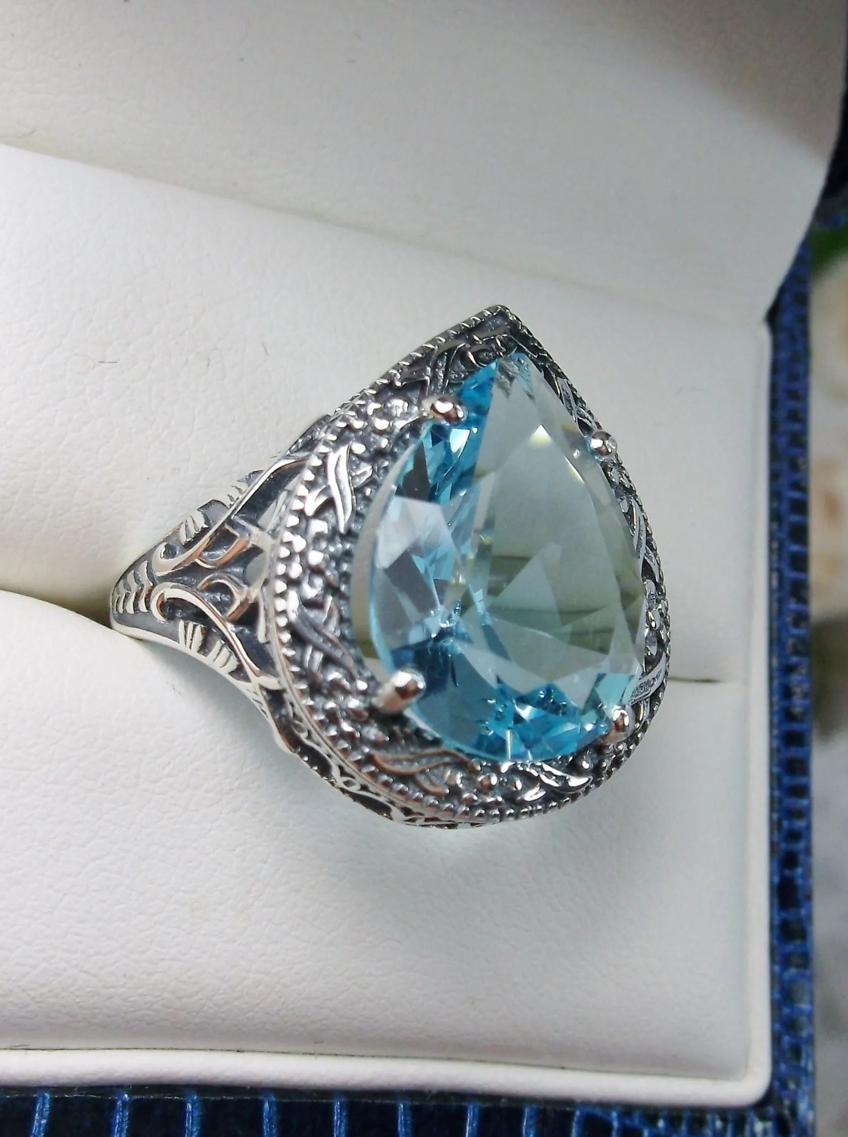 Sky Blue Aquamarine Ring, Teardrop Gem, Victorian Jewelry Design #D28