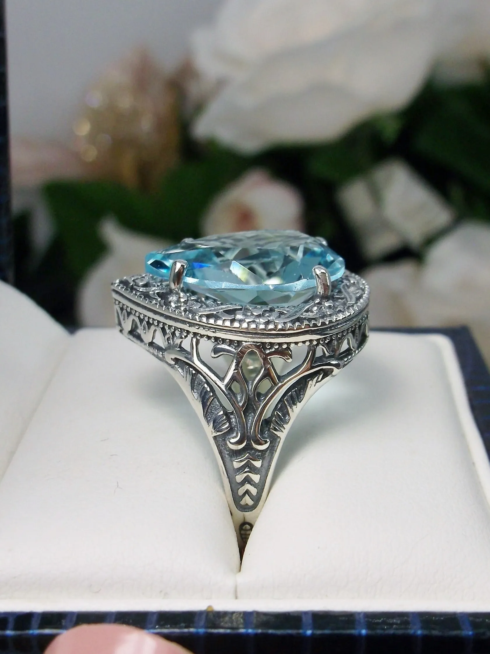 Sky Blue Aquamarine Ring, Teardrop Gem, Victorian Jewelry Design #D28