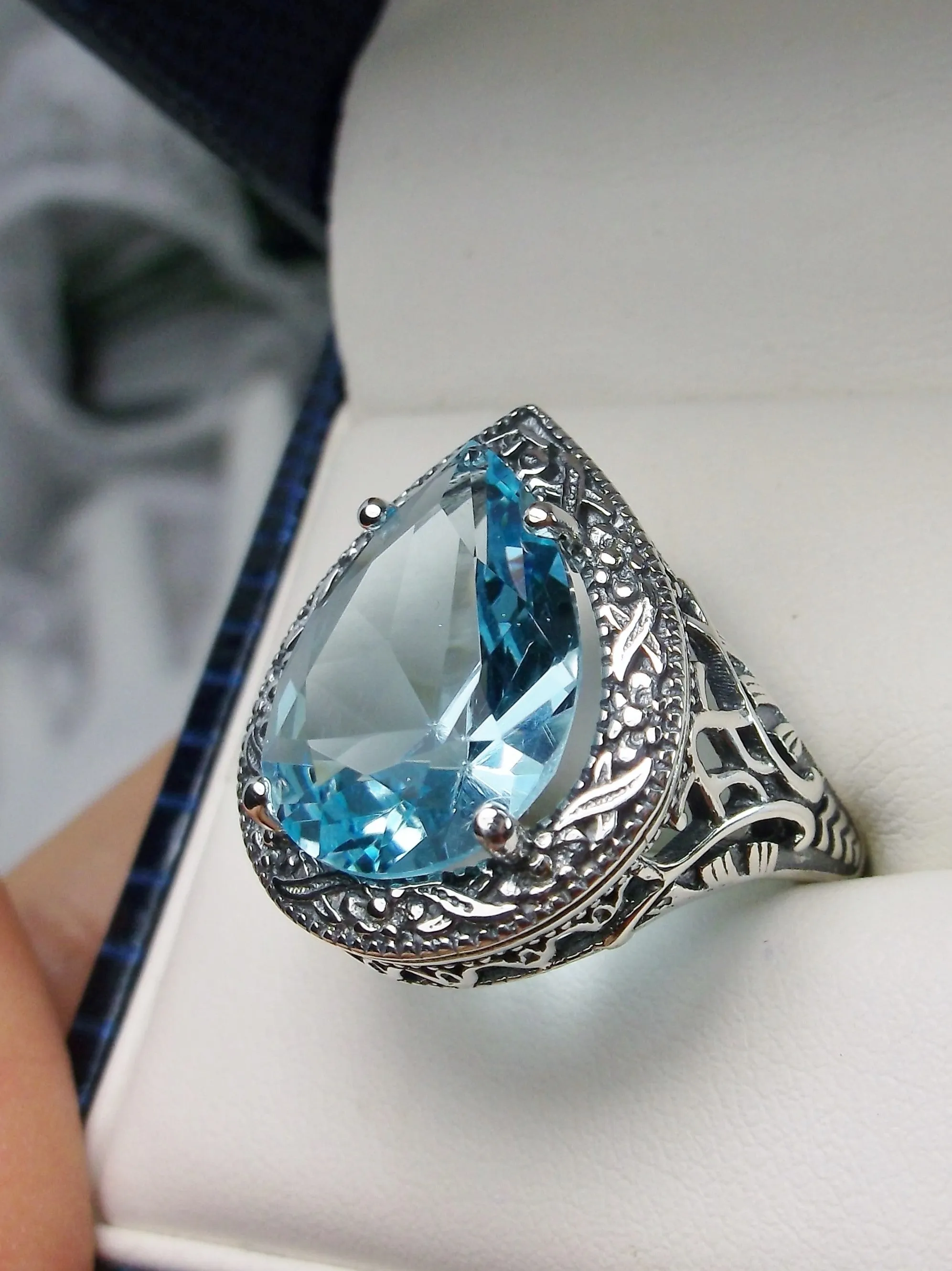 Sky Blue Aquamarine Ring, Teardrop Gem, Victorian Jewelry Design #D28
