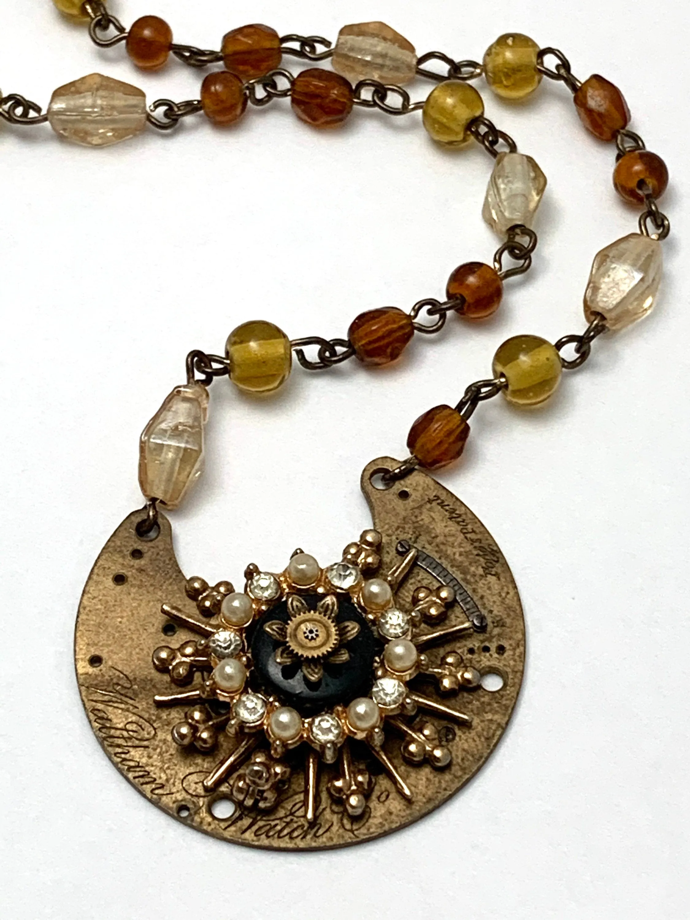 Steampunk Pendant - Precious Time - Steampunk Necklace- Repurposed art - Pearls and crystals. Pocket watch plate gift for her