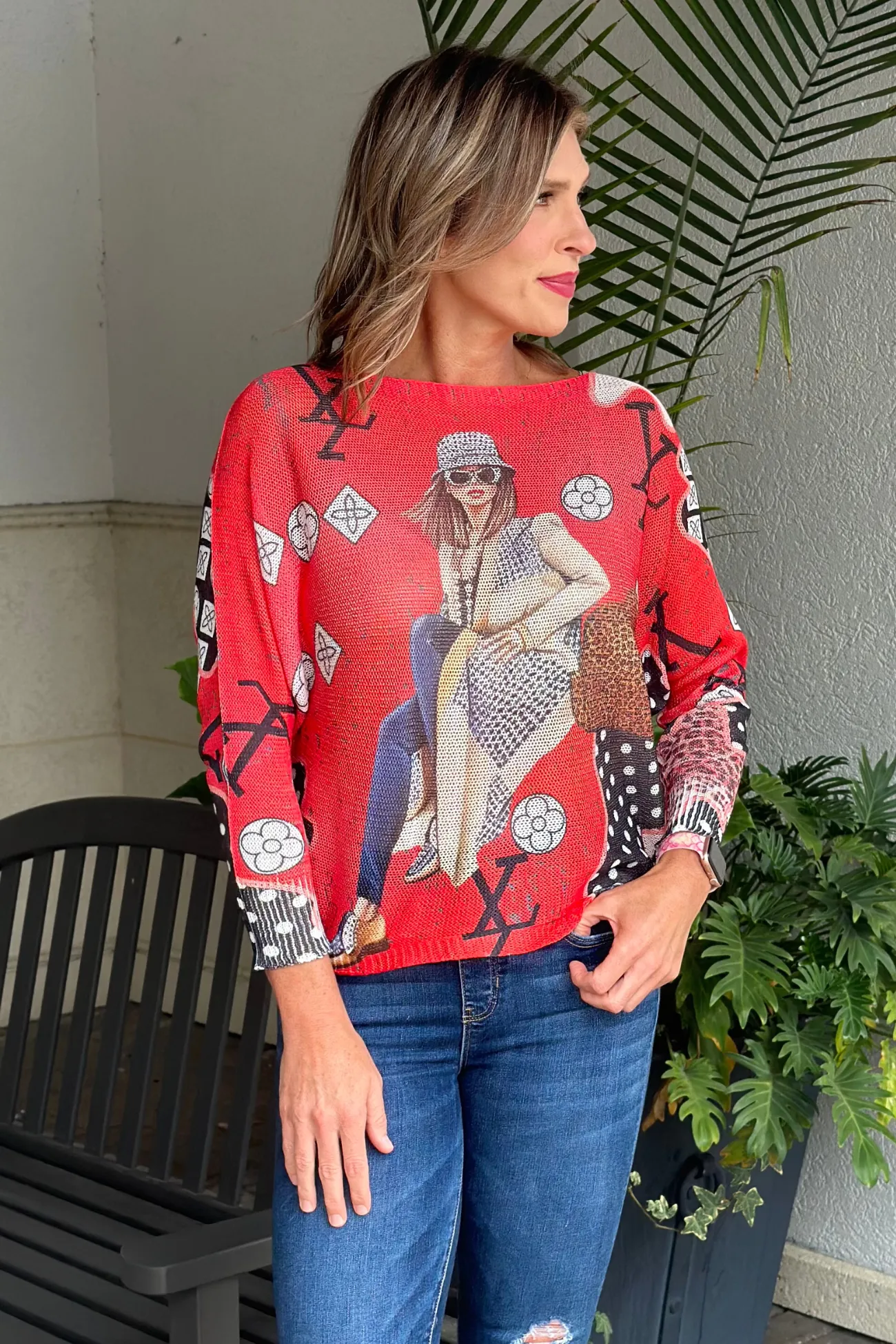 Sweet LV Shopping Queen Batwing Knit Sweater Top-Red