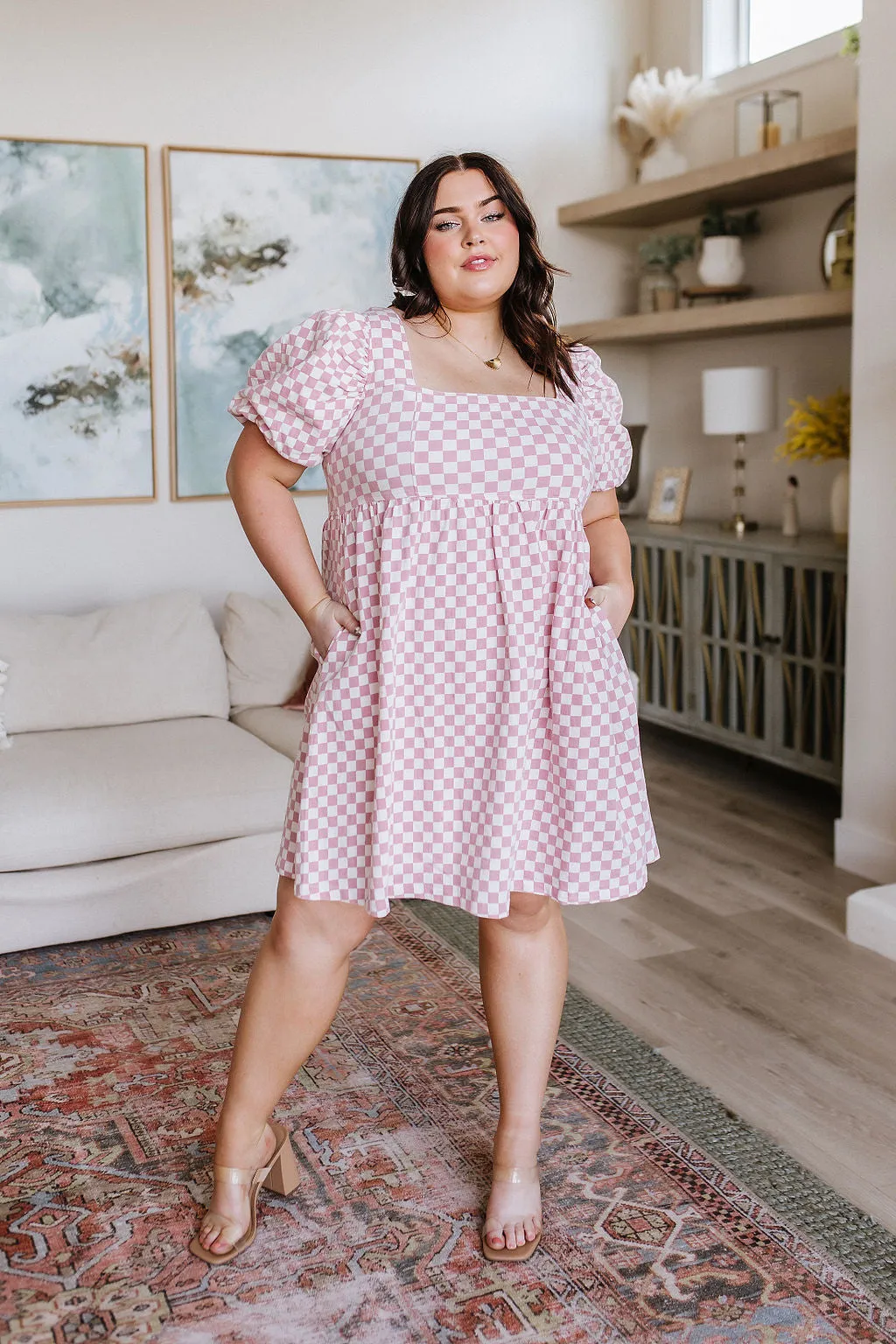 The Moment Checkered Babydoll Dress in Baby Pink