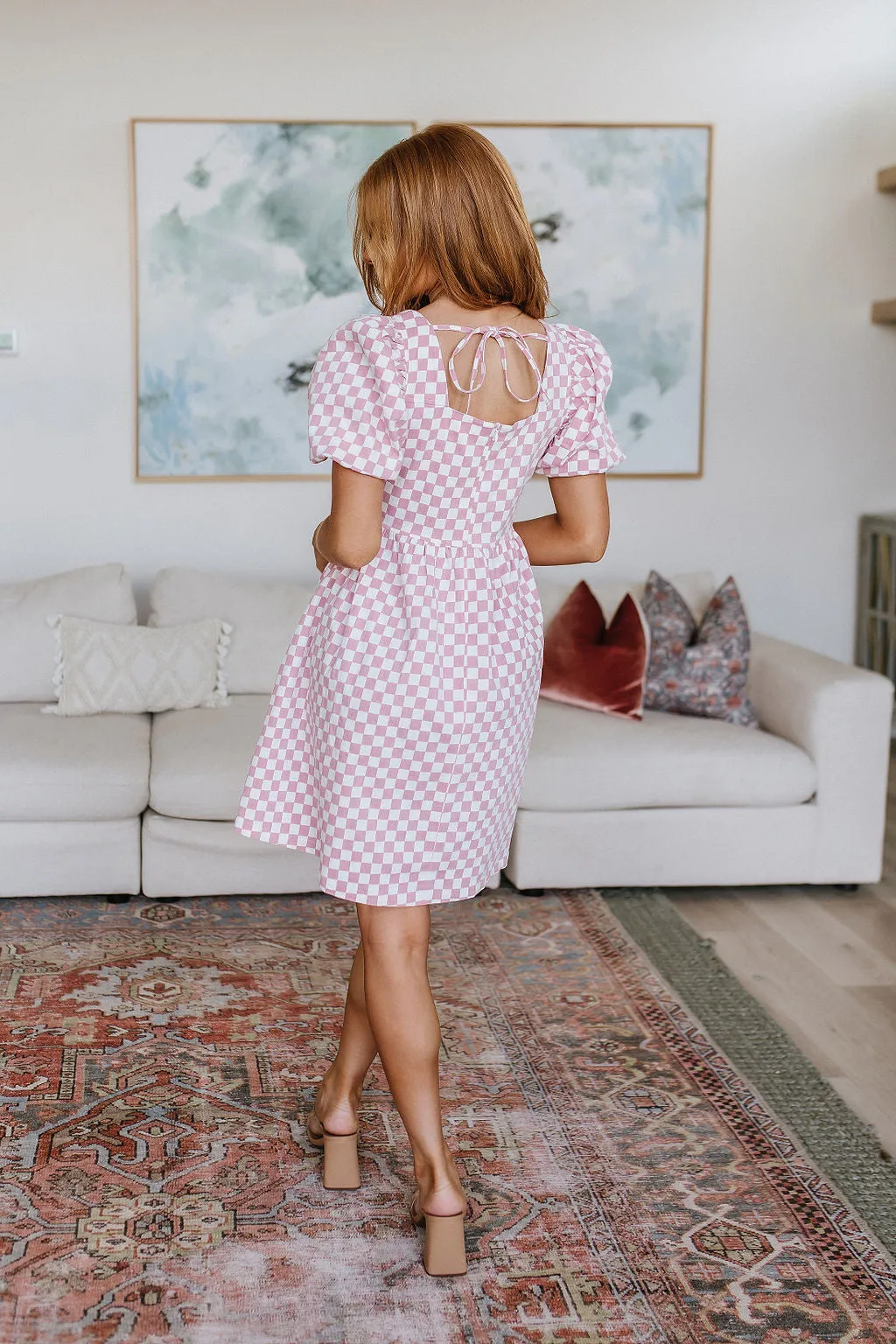 The Moment Checkered Babydoll Dress in Baby Pink